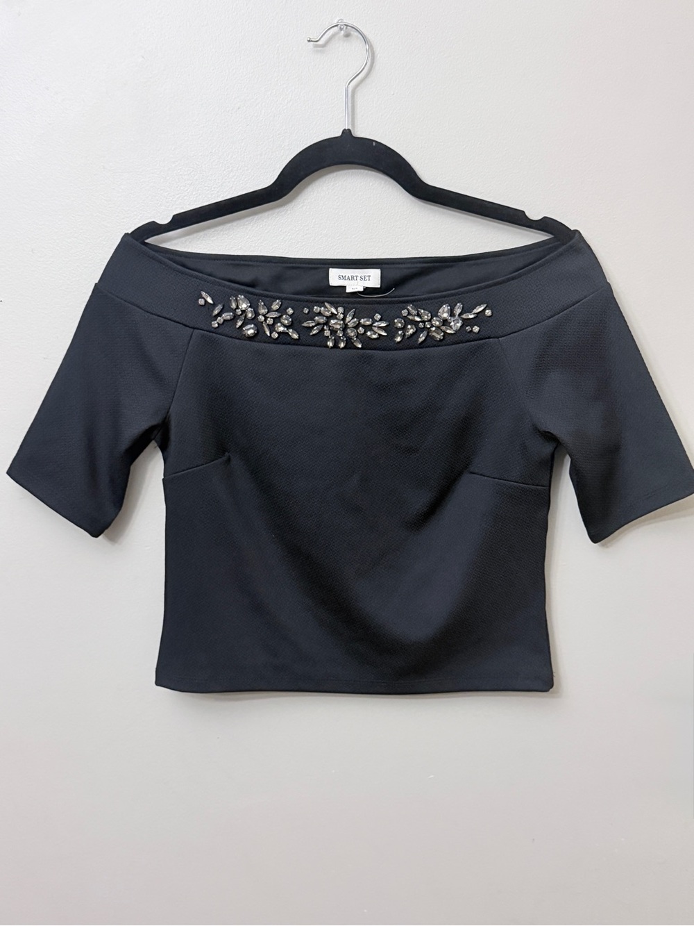 ⁠SMART SET Black Rhinestones Off-The-Shoulder Crop Top P/S⁠